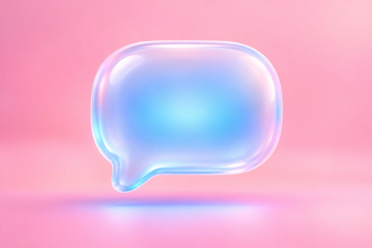 Gefrostetes 3D-Chat-Symbol mit blauem Leuchten auf rosa Hintergrund