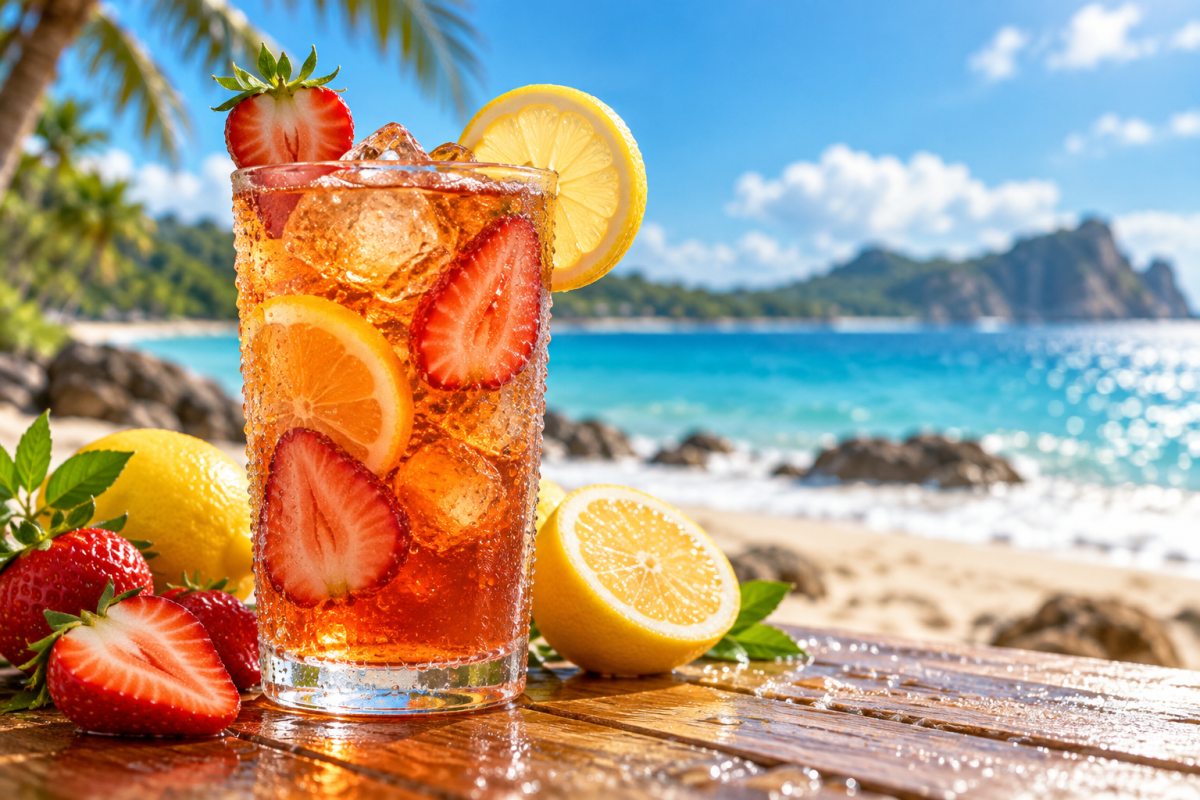 Eisgekühlter Erdbeer-Zitronen-Tee mit Kondenswasser vor einem sonnigen Strand