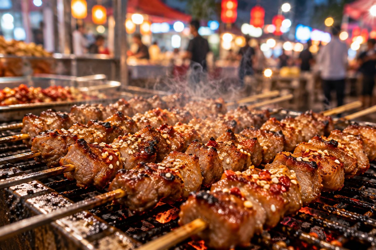 Frisch gegrillte Spieße mit Sesam und Chili auf einem Neon-Nachtmarkt