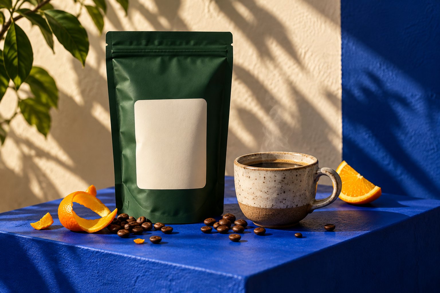 Specialty coffee product on a cobalt blue campaign set