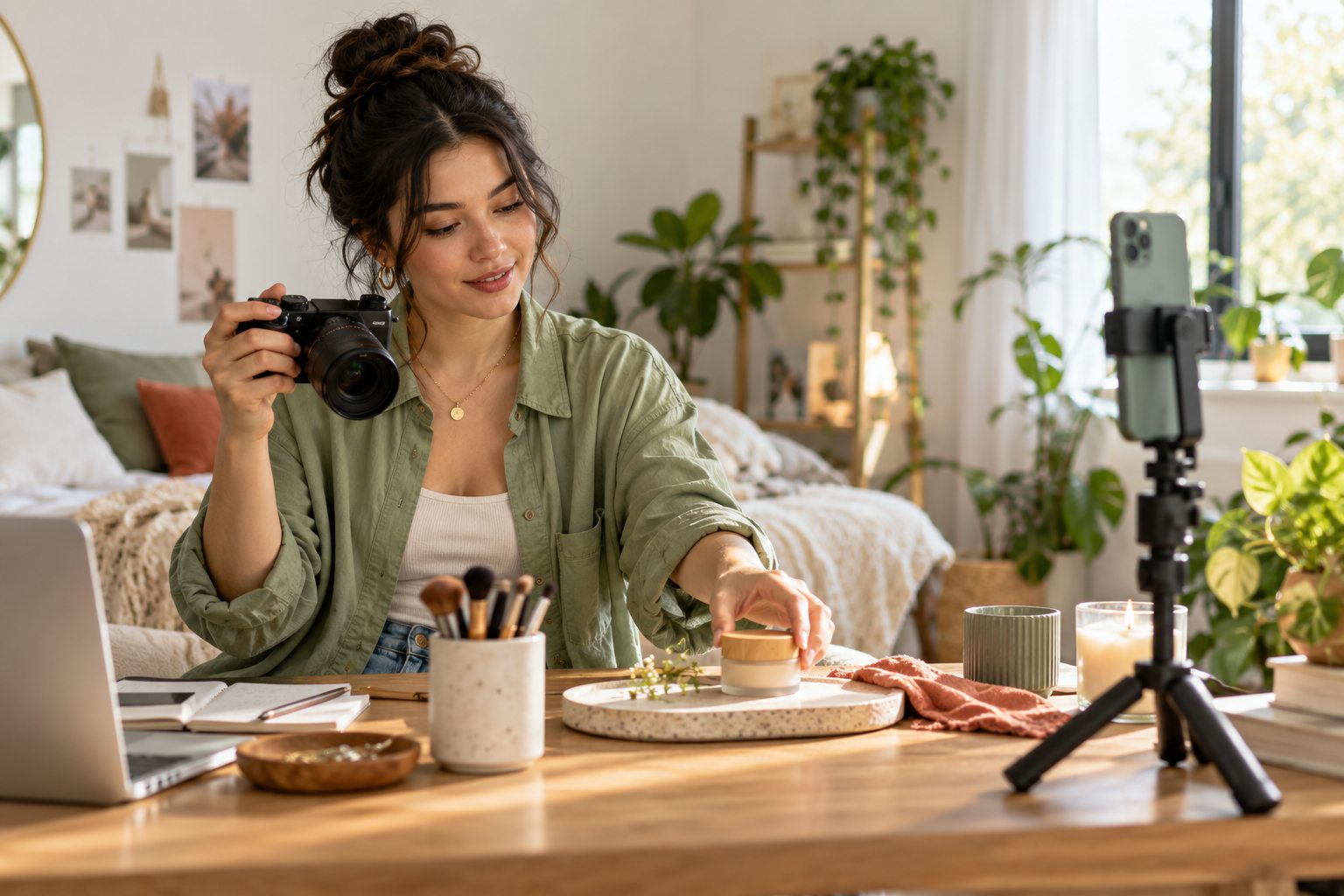 Creator filming a beauty story in a home studio