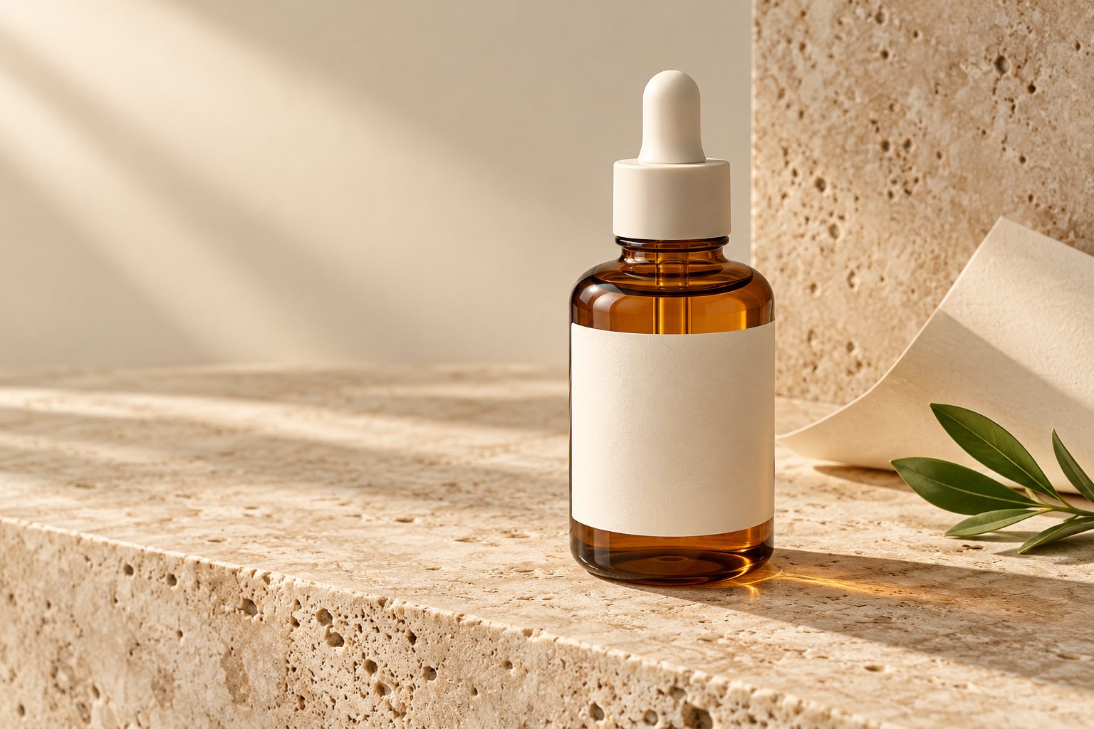 Amber skincare bottle on a warm stone product set